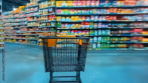 View from a black shopping cart moving quickly through a brightly lit supermarket aisle filled with products
