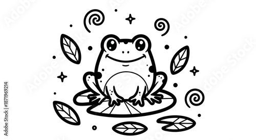 Cute cartoon frog sitting on a lily pad surrounded by leaves and whimsical swirls