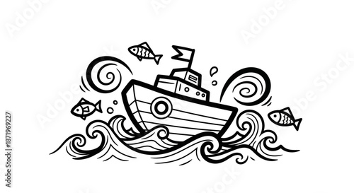 Cartoon-style illustration of a boat navigating through waves with fish swimming around