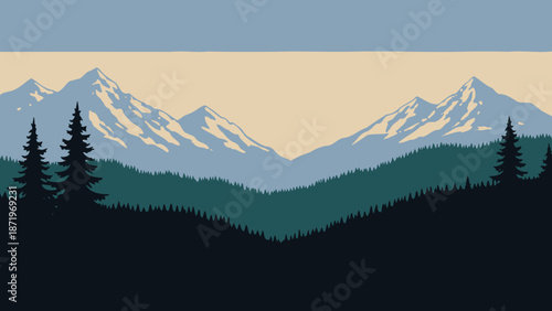 Majestic Snow-Capped Mountains Overlooking a Lush Forest Landscape.