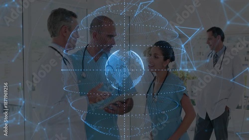Nurse grabbing tablet swiping medical data as team collaborating around hologram for treatment plan