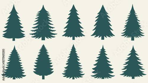 Collection of stylized green pine trees, representing nature, forest, or winter holidays, in bright studio.