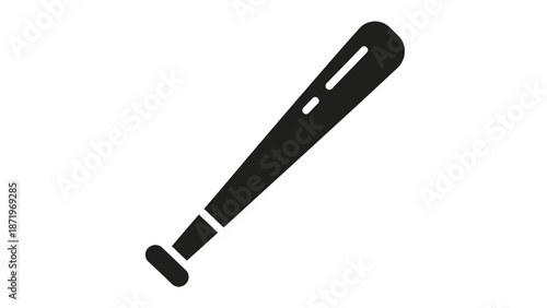 Black baseball bat icon, representing sports, game, and competition, isolated white background.