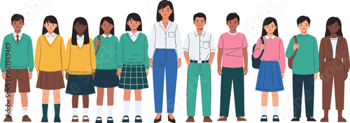 Diverse group of multi-ethnic school children in uniforms and casual clothes standing with a female teacher for a classroom portrait and educational concept.