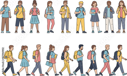 Diverse group of multiethnic primary school children in uniforms and casual clothes standing with a female teacher for classroom portrait and education concept.