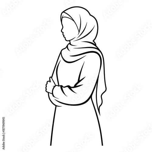 A simple black and white line drawing depicts a woman wearing a traditional hijab and long coat