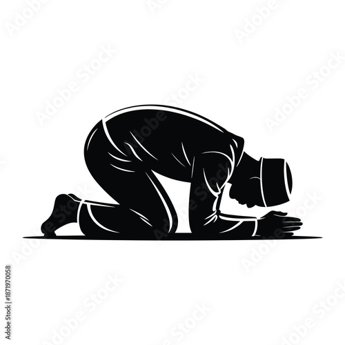 A black and white silhouette depicts a person kneeling in a posture of prayer or devotion