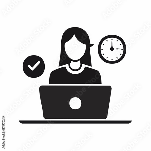 Person working on laptop with clock and checkmark, symbolizing productivity and time management