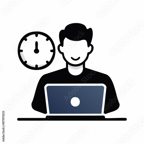 Business person working on a laptop with a clock icon indicating time management and productivity in a professional setting