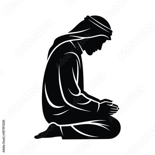 A somber depiction of a man kneeling in traditional arabian clothing head bowed in contemplation