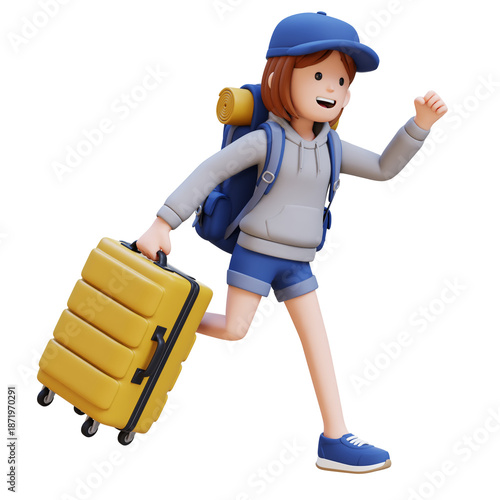 Traveler Backpacker Girl Character with Suitcase Running Happily
