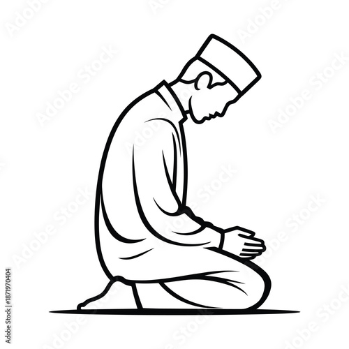 A simple black and white illustration depicting a man in traditional islamic clothing praying respectfully