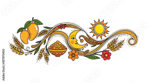 Traditional Ukrainian Embroidered Floral Pattern with Fruits and Wheat