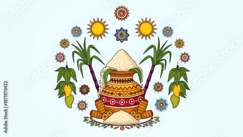 Pongal Festival Illustration with Sugarcane and Flowers