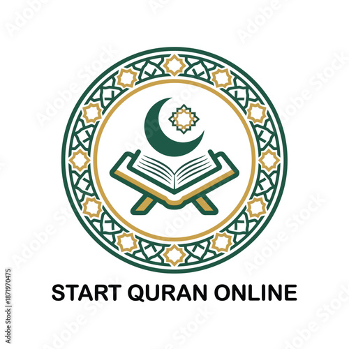 An islamic emblem featuring a crescent moon open book and star within a decorative green circle