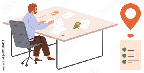 Project management, task tracking, location-based services, remote work, business planning, goal setting. Man working at desk with documents. Project management and task tracking concepts
