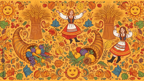 Traditional Folk Dancers Celebrating Harvest with Cornucopia and Fruits