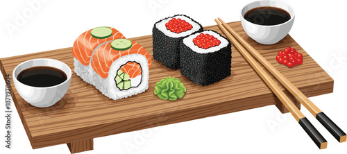 Realistic japanese sushi set on wooden board with salmon rolls, caviar maki, soy sauce, ginger, wasabi, and chopsticks for restaurant menu or food delivery design.