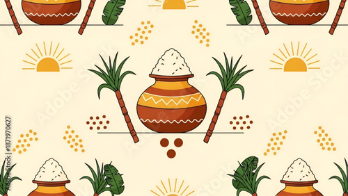 Indian Clay Pot with Palm Trees and Sun Symbols on Beige Background