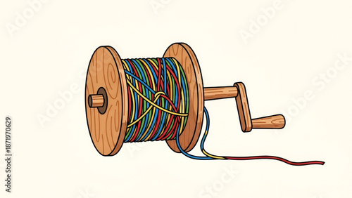 Wooden Spool of Multicolored Thread Isolated on White Background