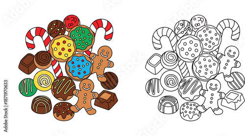 Christmas sweets and candies vector set featuring gingerbread men, cookies, and chocolates in color and outline style for coloring book pages