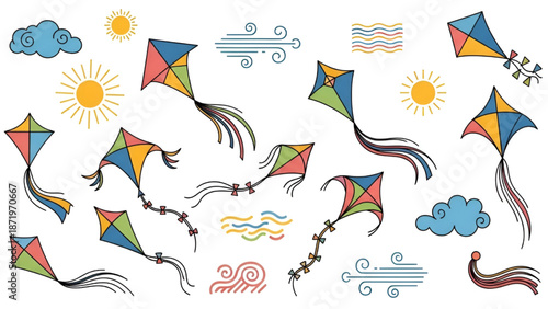 Colorful Kites Flying High in the Sky with Clouds and Sun