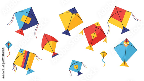 Colorful Kites Flying High in the Sky, Isolated on White Background