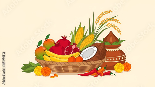 Fruit Basket with Tropical Fruits and Grains on Beige Background