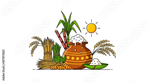 Pongal Harvest Festival Illustration with Sugarcane and Pot on White Background