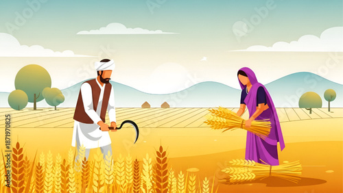 Farmer Couple Harvesting Wheat in Golden Field during Sunny Day