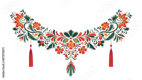 Traditional Floral Embroidery Design with Red Tassels on White Background