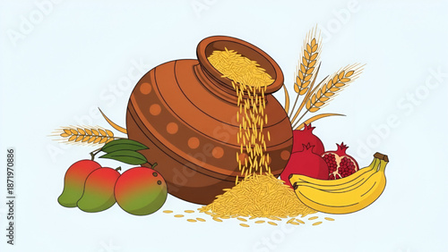 Indian Pongal Festival Illustration with Clay Pot and Harvest Fruits