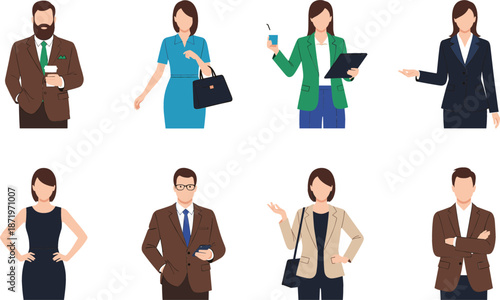 Set of professional business men and women in formal office attire including suits blazers and dresses for corporate team and workplace concepts.