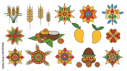 Colorful Ukrainian Easter Eggs and Wheat Illustration Set