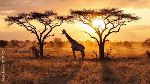 Wallpaper Mural Majestic Giraffe Silhouetted Against a Vibrant Sunset in African Savannah Landscape Torontodigital.ca