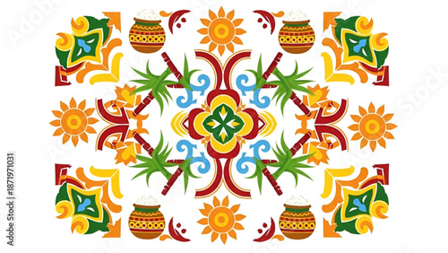 Colorful Mexican Pattern with Floral Motifs and Pottery on White Background