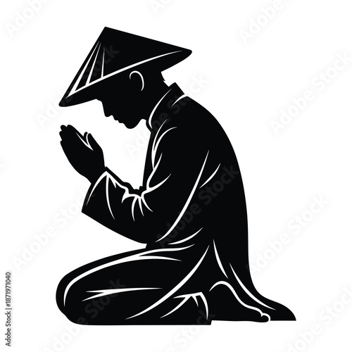 A silhouetted depiction of a person kneeling in prayer wearing a traditional conical asian hat