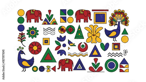 Colorful Indian Folk Art Elements with Elephants and Peacocks