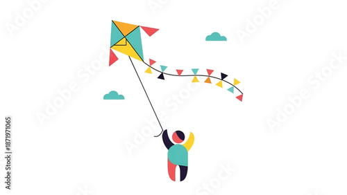 Child Flying Colorful Kite with Long Tail in the Sky