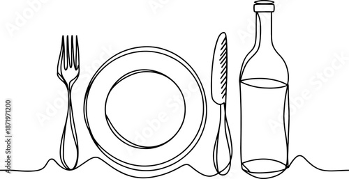 Minimalist Continuous Line Drawing of a Plate, Fork, Knife, and Bottle