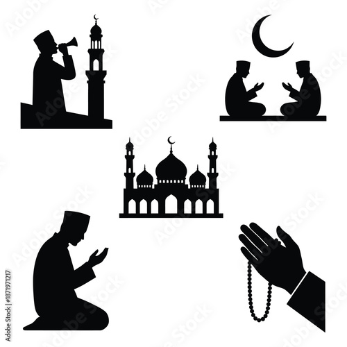 Islamic symbols and elements depicting faith prayer and architectural representations in monochrome style