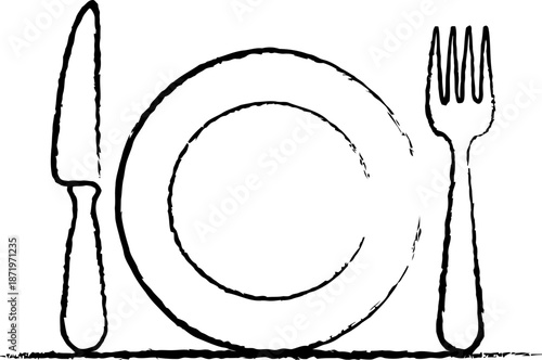 Minimalist hand-drawn dinnerware icon a sketchy black-and-white illustration of a plate, fork, and knife, perfect for culinary branding and restaurant menus