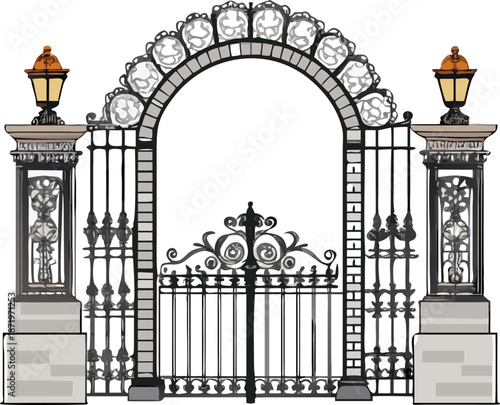 ornate wrought iron gate with two stone pillars and decorative lantern lights high quality