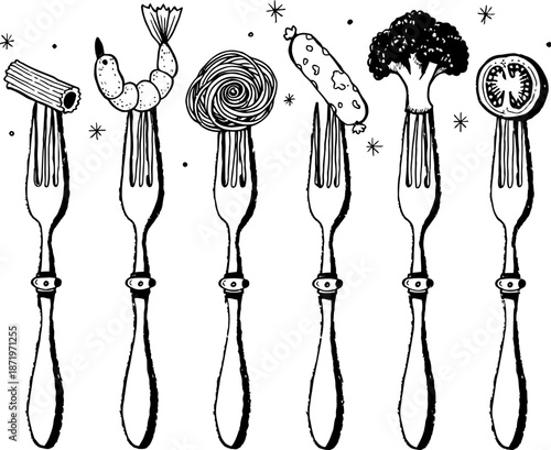 A captivating hand-drawn monochrome illustration presenting a diverse selection of everyday foods elegantly balanced on individual forks, celebrating culinary artistry and graphic design