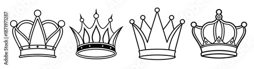 Four Black Line Art Crowns Royal Symbols Set king queen