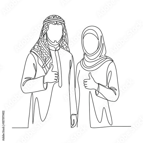 Continuous line drawing of a muslim man and woman giving a thumbs up gesture