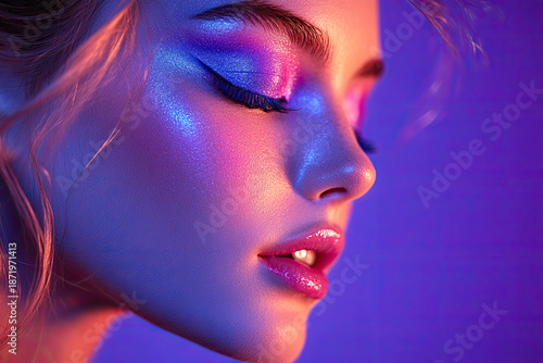 A Beautiful Blonde with Blue and Purple Eye Makeup in Soft Lighting