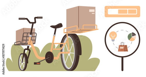 E-commerce, delivery services, logistics, eco-friendly transportation, retail analysis, business growth. Cargo bike carrying boxes, circular icons for ideas and growth. E-commerce and delivery