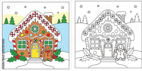 Christmas gingerbread house vector illustration coloring page for kids with color preview and black and white outline featuring candy decorations and winter landscape