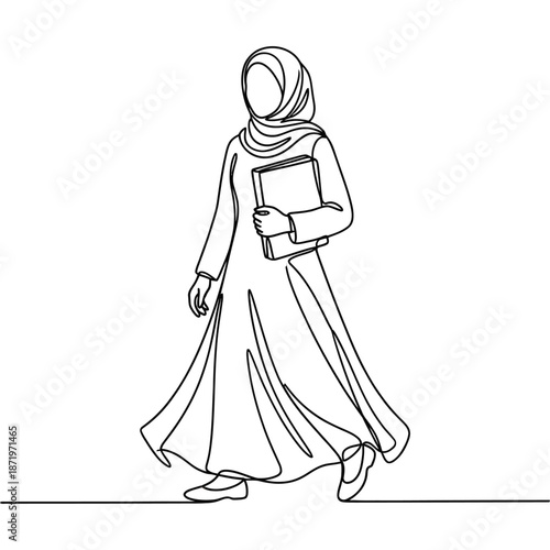 Continuous line drawing of a muslim woman in traditional clothing holding a book and walking